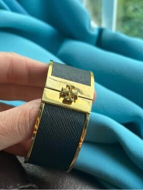 Tory Burch Gold and Black Leather Cuff Bracelet